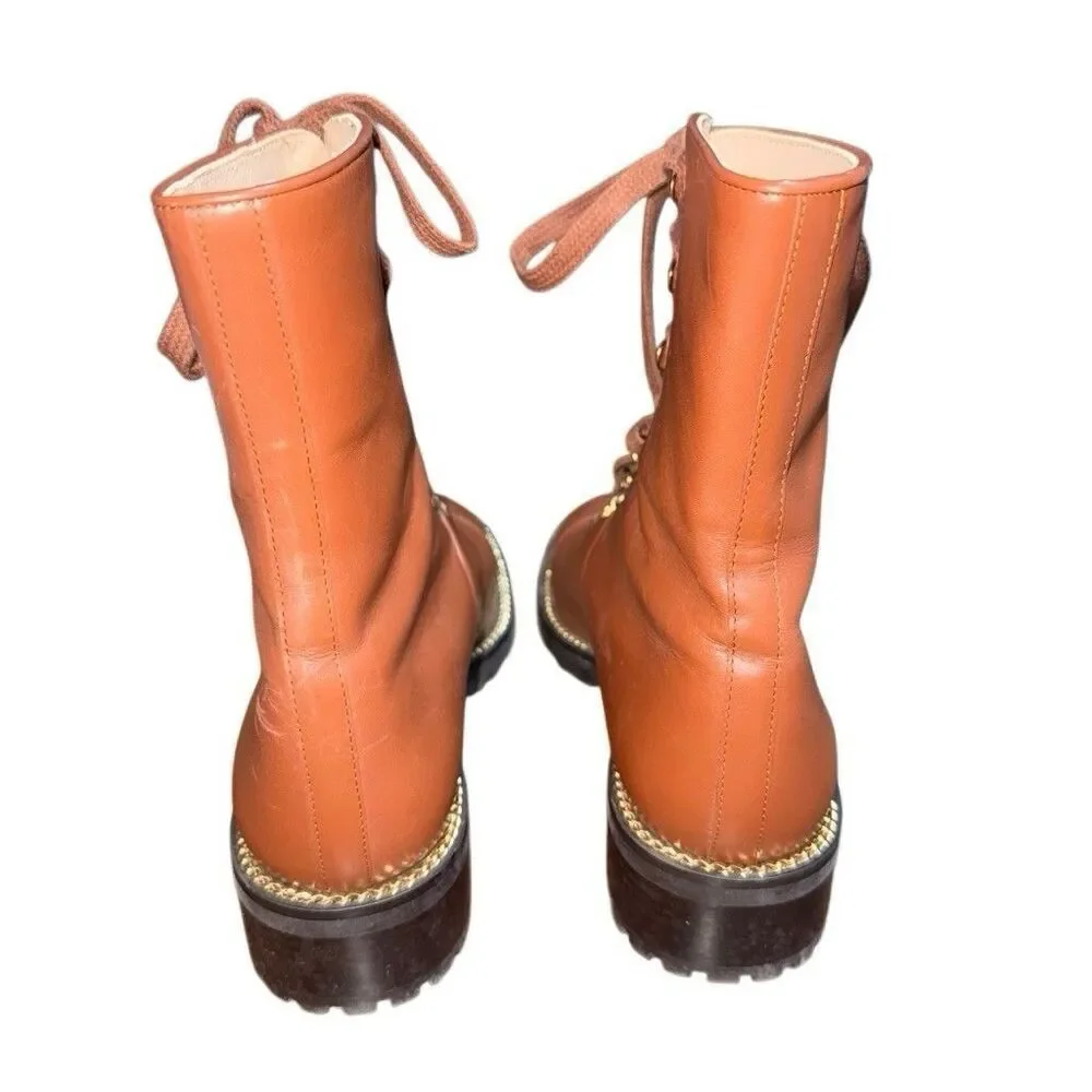 STUART WEITZMAN BROWN KOLBIE GOLD CHAIN COMBAT BOOT SZ 9.5